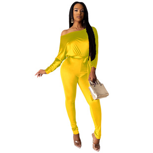 European and American Fashion Amazon Hot-Selling Velvet Elastic One-Shoulder Bat-Sleeve Jumpsuit with Belt