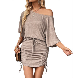 2024 Summer New Casual Sloping Shoulder Collar Slim Dress Amazon Hot Sale Drawstring Hip Skirt Short Skirt Women