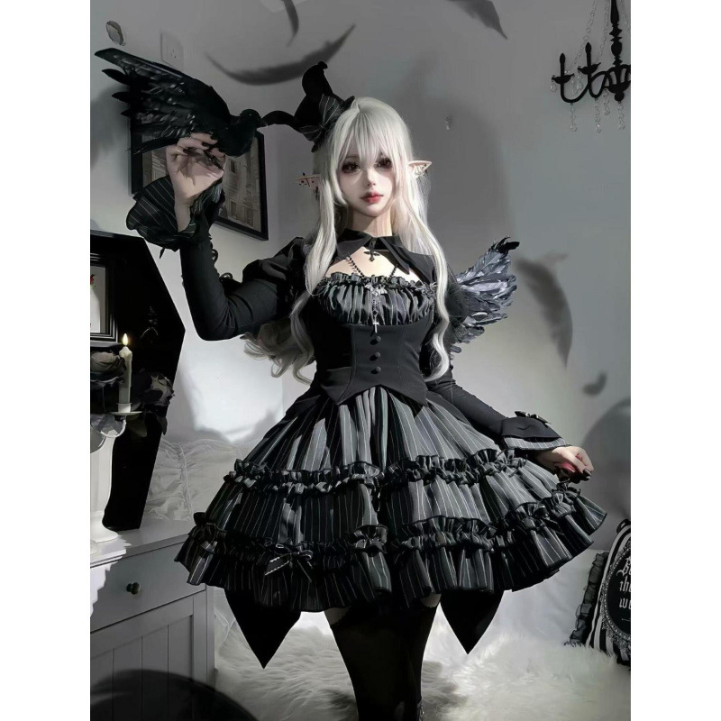 Dark Crow Girl Black Christmas Lolita Fake Two-Piece Patchwork Bell Sleeve Top Striped Skirt Dark Suit