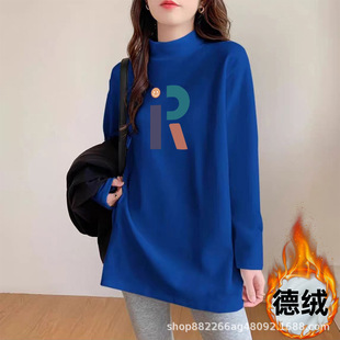 Half-high Collar Velvet Inner Base Shirt fleece-lined Spring Autumn and Winter plus size Loose Long-sleeved T-shirt Women's T-shirt