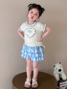 Girls' Love Short-sleeved suit Stylish Internet Popular Children's Summer New Baby Flower Bute Dress Pants Two-piece Set for Little Girls