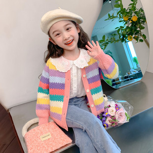 Girl's Knitted Cardigan Spring 2024 New Children's Western Style Top Girl's Western Style Spring Rainbow Sweater Coat