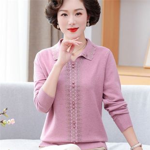 Mother's New Middle-aged and Elderly Grandma's Mother's Western-style Autumn Lap-neck Sweater Knitted Base Shirt