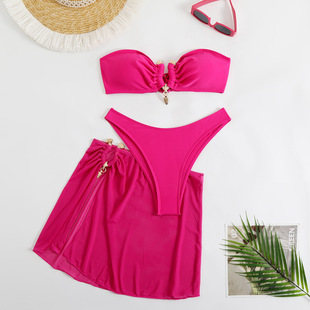 2025 New European and American Foreign Trade Cross-border Swimsuit Three-piece Solid Color Metal Buckle Women's Split Bikini Swimsuit