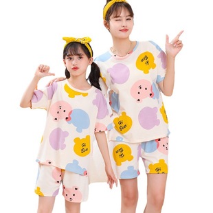 Summer parent-child clothes children's short-sleeved T-shirt suit Cotton Girls' women's clothing home clothes air conditioning clothes pajamas wholesale