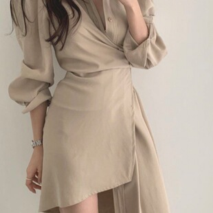 Design Sense Niche French Style Tea Break Irregular Shirt Dress Women's Spring and Autumn Elegant Belly Covering Waist Slimming Skirt