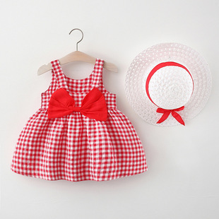 23 New Summer Girls' Sleeveless Plaid Bow Cotton Skirt Baby Dress Baby Dress with Straps Straw Hat