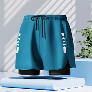 Cross-border explosion sports double-layer swimming trunks loose plus size boxer anti-embarrassment running fitness men's swimming trunks customization