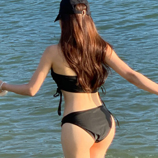 2024 South Korea New Solid Color Bikini Sexy Strap Slim-fit Backless Neck Strap Split Triangle Swimsuit for Women
