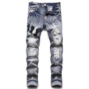 Labeling letter jeans men's skinny summer thin high street European and American slim fit slimming washed distressed trousers for students