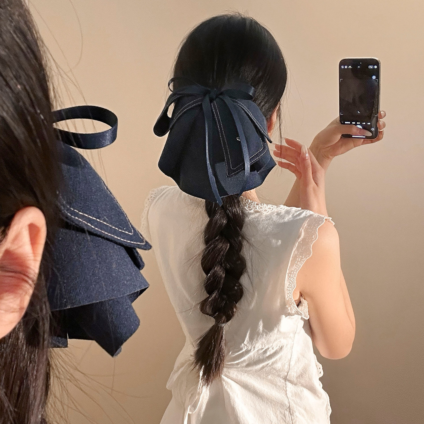 Dark blue denim bow ponytail claw clip for women, Korean style cute hair accessory, back of the head hair clip, 2026 new fashion