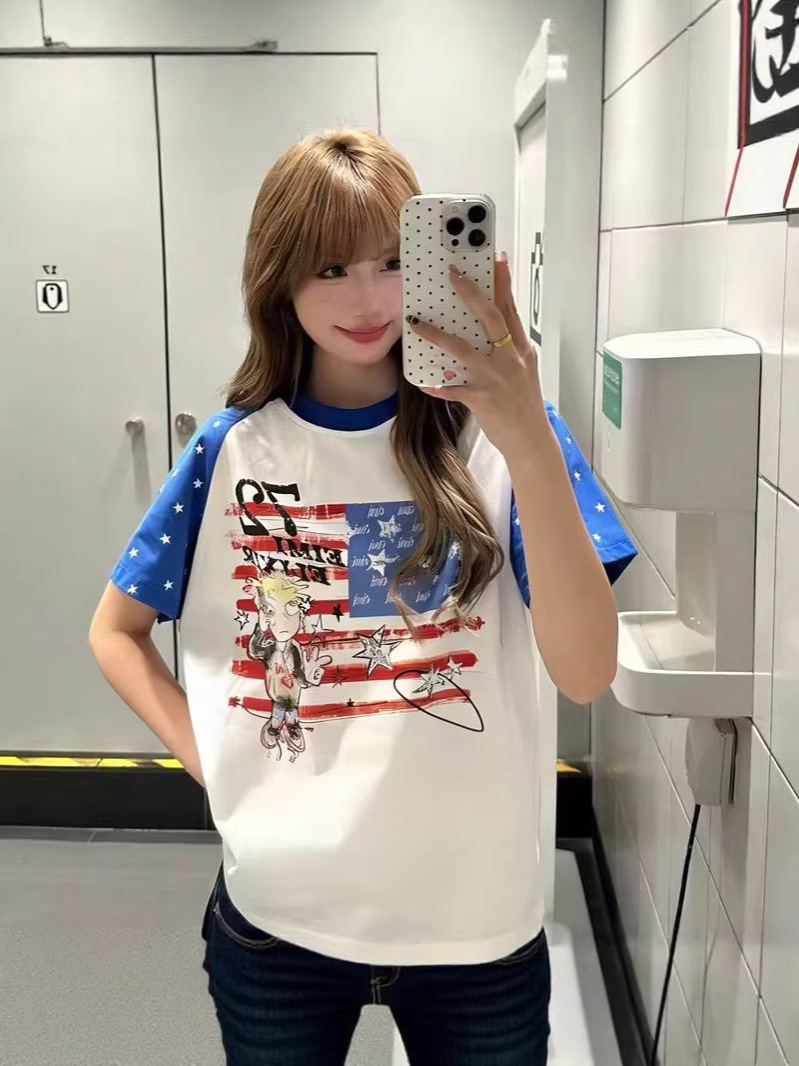 American Retro Graffiti Star Raglan Short-Sleeve T-Shirt for Women, Summer Loose Design, Niche Pure Cotton Color-Blocking Top