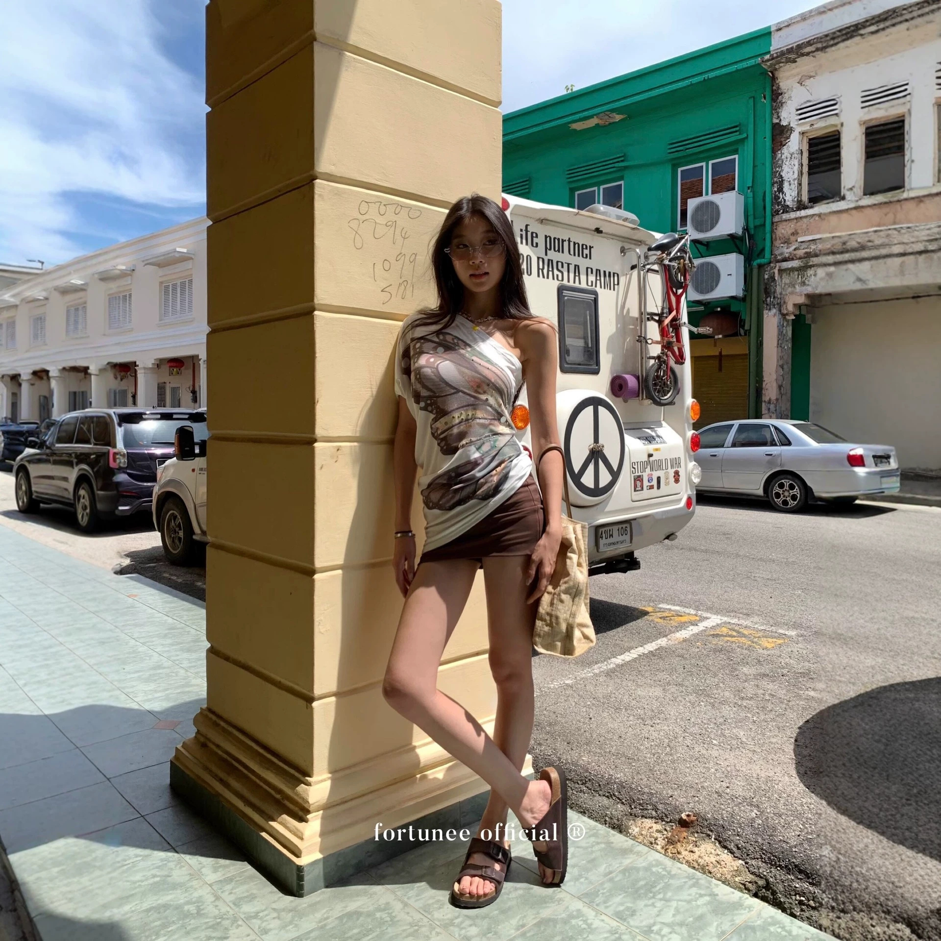 Fortunee Original Design Butterfly Wings Print Colorful Sequin One-Shoulder Short-Sleeved T-Shirt Women's Summer One-Shoulder Top