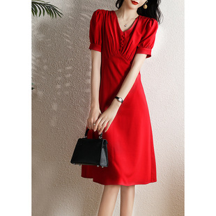 Red dress 2025 New Summer French Style V-neck Tight Waist Slimming Design Sense Niche Elegant Dress