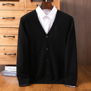 Cashmere Cardigan Men's V-neck Sweater Outer Wearing 2024 Autumn and Winter Thickened Outer Wearing Commuter Wool Sweater Jacket Trendy