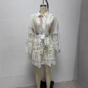 Cross-border foreign trade women's clothing 2025 European and American style new fashion with belt lace stitching printing dress X25121