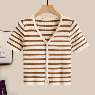 Summer Women's Thin Ice Silk Knitted Cardigan Short-sleeved Striped Student V-neck Top with Skirt Short T-shirt for Women