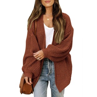 2024 cross-border Amazon European and American women's autumn and winter new loose solid color lantern sleeve knitted sweater cardigan coat