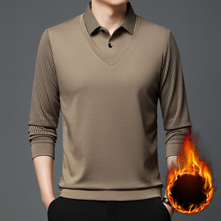 Cross-border Fake Two-piece fleece-lined Thickened Men's Long-sleeved Autumn and Winter Lapel Warm Polo Shirt Base Shirt Middle-aged Hair