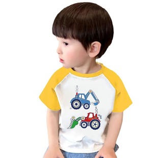 100 Children's Raglan Short-sleeved T-shirt Baby 2024 Summer New Cartoon Stitching Color-inserted Boys' Top