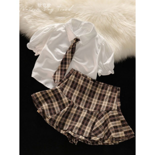College Style Suit Pure Lust Sweet Sexy Puff Sleeve Short Shirt Top Women's A-Line Plaid Skirt Two-Piece Set