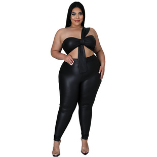 2021 New European and American chubby girl Foreign Trade plus size Women's Pants High Elastic Leather Tight Hip Sexy Two-piece Set