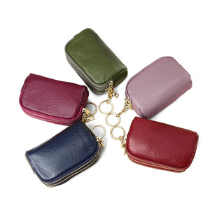 Top Layer Cowhide Simple Clutch Bag Three Zipper Genuine Leather Coin Purse Women's Key Coin Coin Bag Ins Style Mini