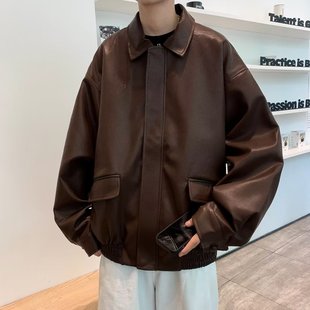 Leather Jacket Men's and Women's 2023 Spring and Autumn American Retro Brown Hong Kong Style Design Sense Leather Jacket Black Motorcycle