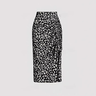 Amazon 2025 Cross-border Summer European and American New High Waist Small Chrysanthemum Printed Drawstring Vented Hip Skirt Women