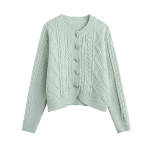 Korean style fresh horn buckle twist knitted cardigan women's autumn new round neck short long sleeve sweater women's top