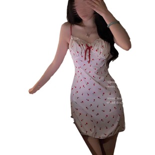 Sex Underwear Pure Desire Floral Skirt Cherry Sling Printed Pajamas Fairy Style Ins Home Clothes Fresh Nightdress for Women