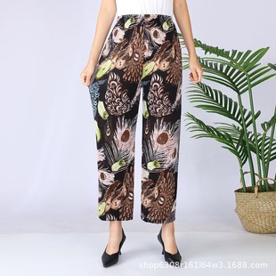 Summer Wholesale Women's Middle-aged and Elderly Casual Loose Elastic Ice Silk Flower Pants Breathable Plus Fertilizer Plus Pants for Mother
