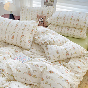 Cotton French Style Small Fragrant Style Floral Bedding Four-piece Set Cotton Dormitory Single Bed Three-piece Set Four Seasons Quilt Cover