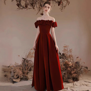 Amazon foreign trade factory wholesale new off-shoulder velvet toasting clothes wine red evening dress dress