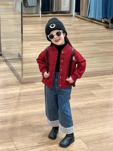 Autumn 2024 New Korean Style Children's Wear Girls Cartoon Printed Cardigan Baseball Suit Jacket Lace Jeans