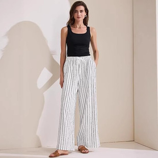 2025 Amazon European and American Cross-Border Women's Casual Drawstring Striped Long Pants Wide-Leg High-Waisted Cotton Loose Pants