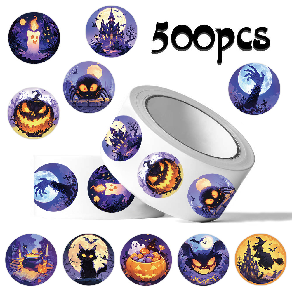 Halloween Cross-Border Sticker Roll Sticker Gift Decoration Packaging Sealing Sticker Handbook Material Cutting Film Tape Wholesale