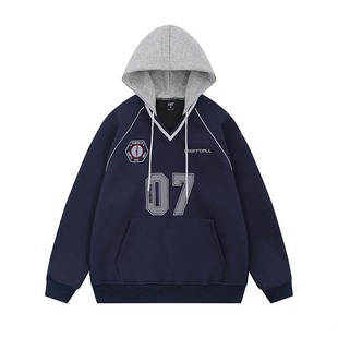 High Street American-style Alphanumeric Embroidered V-neck Sporty Hooded Sweatshirt Men's Retro Trendy Brand Loose All-match Jersey