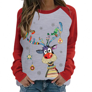 Christmas Long Sleeve Amazon Independent Station Elk Female European Size Christmas Raglan Long Sleeve Christmas Deer Round Neck Long Sleeve