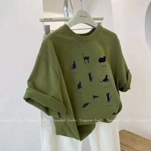 plus size 1.00 kg-150.00 kg Retro Green Short-sleeved T-shirt Women's Summer New Design Sense Niche Loose Casual Top Clothes