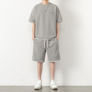 2025 waffle summer plus size casual short sleeve fashion suit boys breathable all-match handsome loose simple