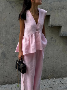 2025 European and American Cross-border New Two-piece Cotton V-neck Sleeveless Summer Vest Top Wide Leg Pants suit Women