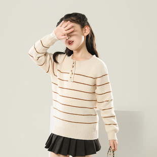 Boys' sweater striped children's clothing girls autumn and winter 2024 new round neck pullover children's pure wool knitted top