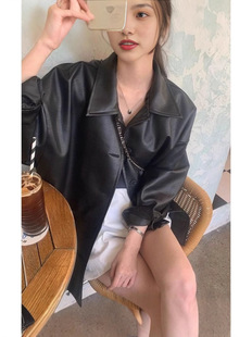 South Korea Handsome Lapel Single-breasted Leather Jacket Women's Autumn New Loose All-match Imitation Leather Jacket Top