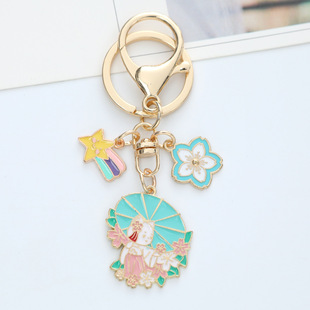 New Drum Girl Metal Car Keychain Pendant Fresh Cherry Blossom Meteor Accessories Jewelry Bag Decoration