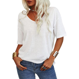Summer 2024 Amazon eBay Cross-border European and American New Women's Solid Color Short-sleeved V-neck T-shirt Jacket Cross-border