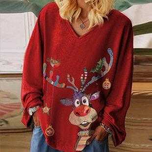 wish AliExpress eBay 2021 Autumn and Winter New Christmas Printed Loose V-Neck Pullover Long Sleeve T-Shirt