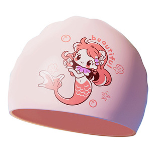 Swimming Cap Waterproof Boys' and Girls' Lean Head Fashion Professional Silicone Swimming Cap Comfortable Ear Protector with Long Hair Printing