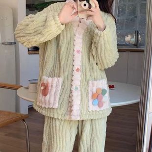 New sweet coral fleece pajamas suit thickened warm Korean style fresh fairy Chanel style home wear two-piece set