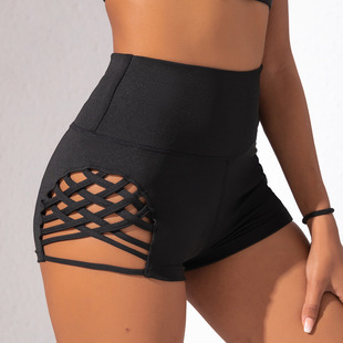 2023 Summer High Waist Solid Color Shorts Women's Side Cross Large Hollow Sexy Fitness Yoga Booty Sports Shorts